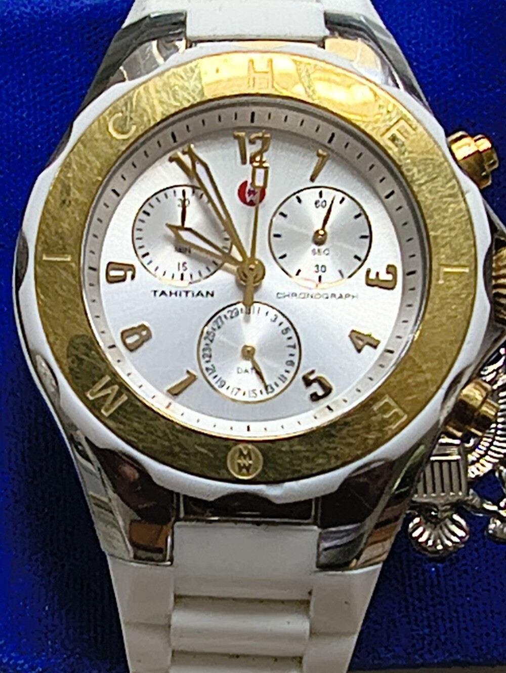 MICHELE Tahitian Jelly Bean Chronograph Watch — Two-Tone Gold & Steel, White Sil